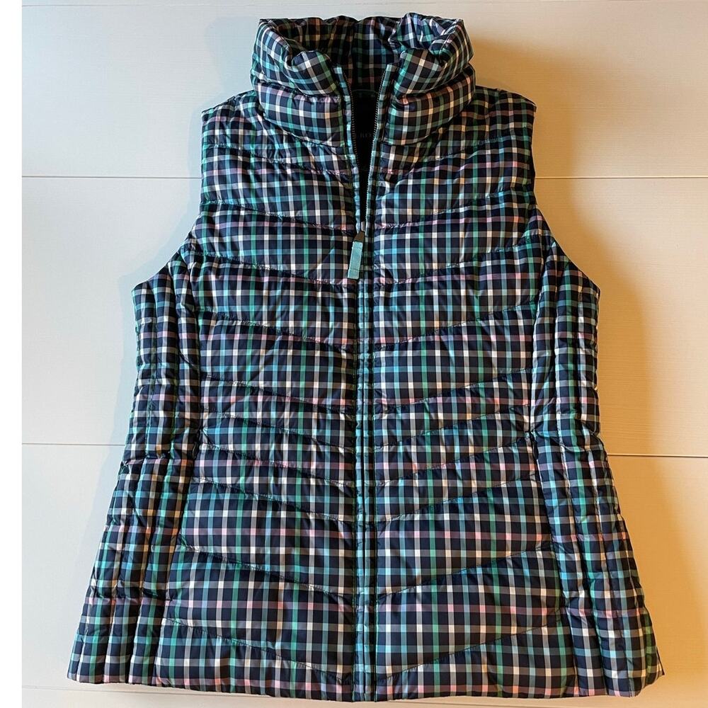 Talbots Womens M Navy Plaid Down Filled Quilted Puffer Vest Zip Pockets Preppy - Picture 10 of 13